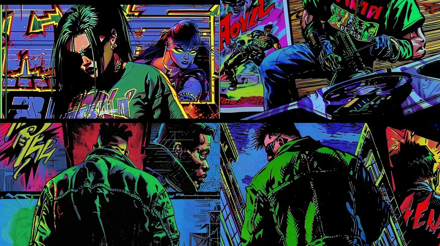 Neon-Noir Comic Book Fusion - Midjourney sref style