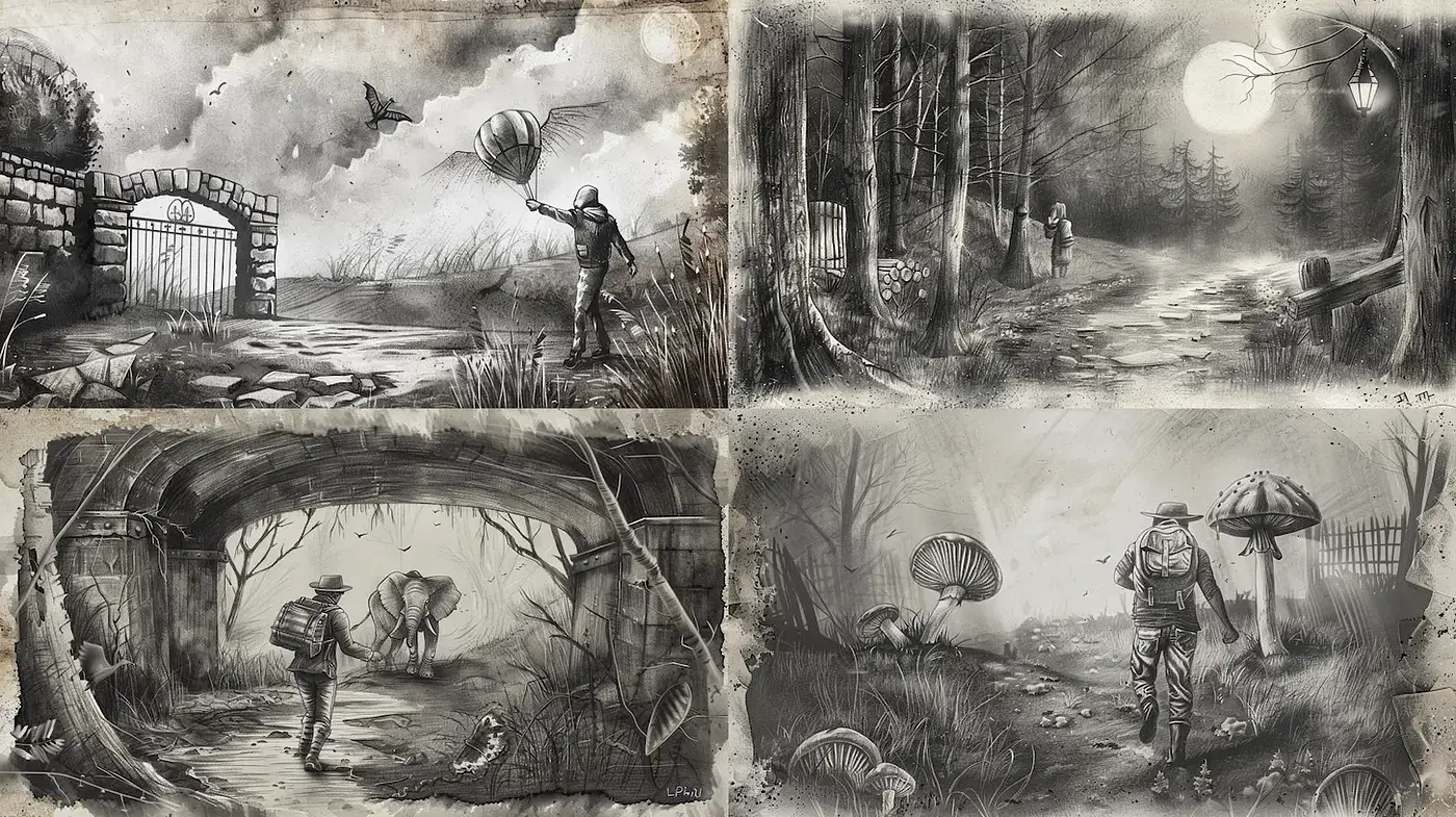 Mysterious monochromatic landscapes with whimsical elements - Midjourney sref style