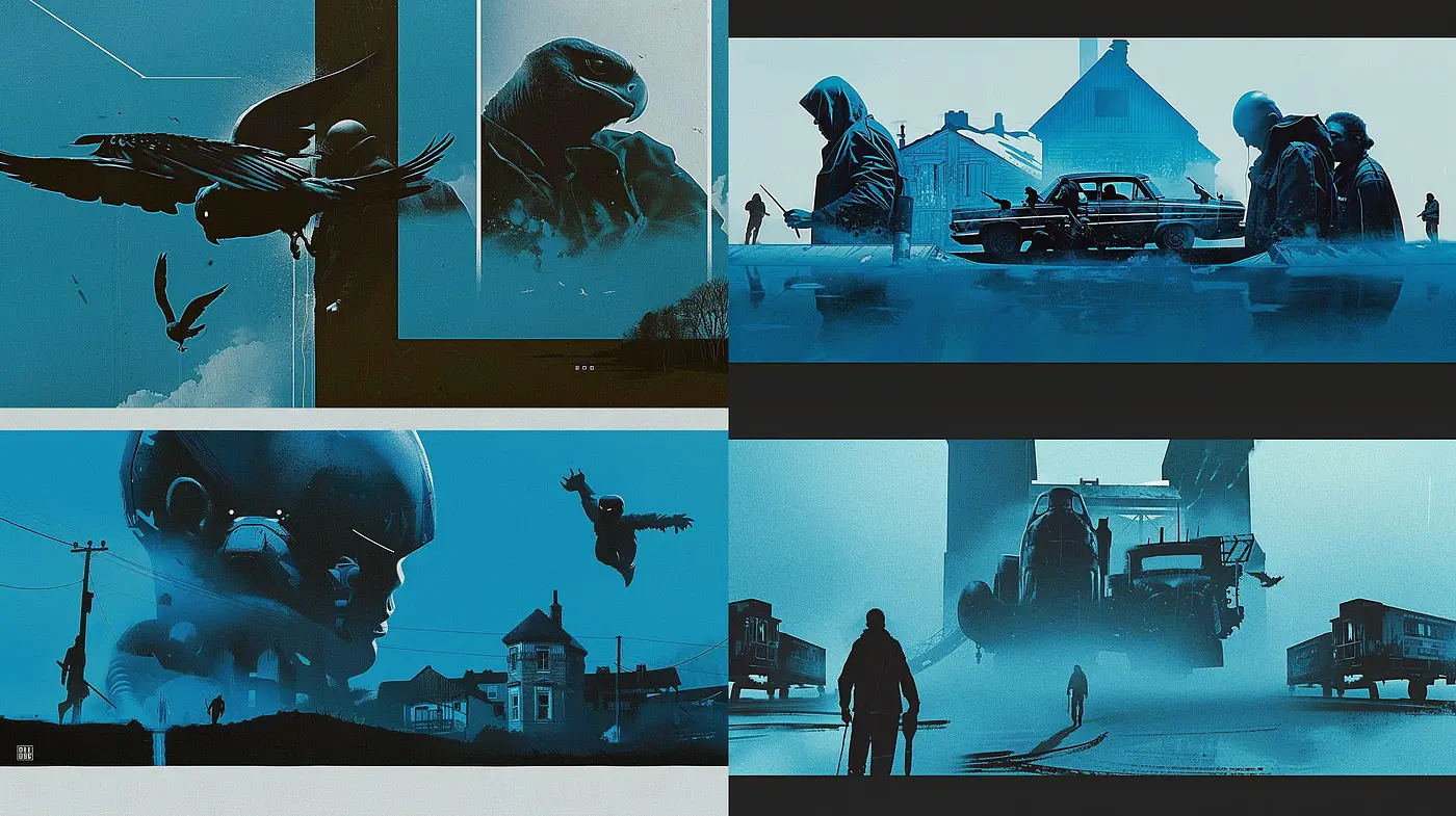 Ethereal Dystopian Vistas: A Moody Cinematic Exploration in Teal - Midjourney sref style