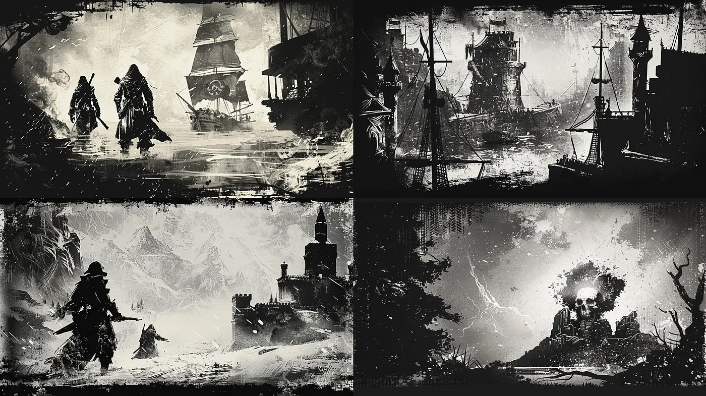 Monochromatic Echoes of a Forgotten Realm - Midjourney sref style