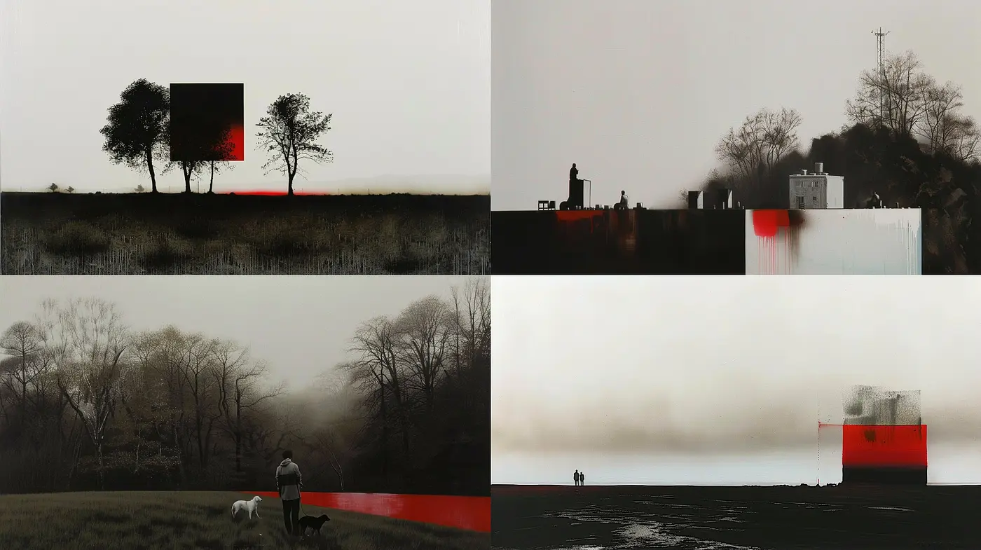 Ethereal Monochrome Vistas with Cryptic Crimson Accents - Midjourney sref style