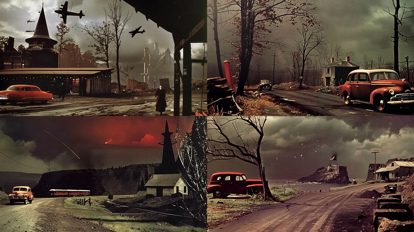 Eerie Twilight Americana: A Nostalgic Homage to Vintage Dystopian Landscapes - Midjourney sref style