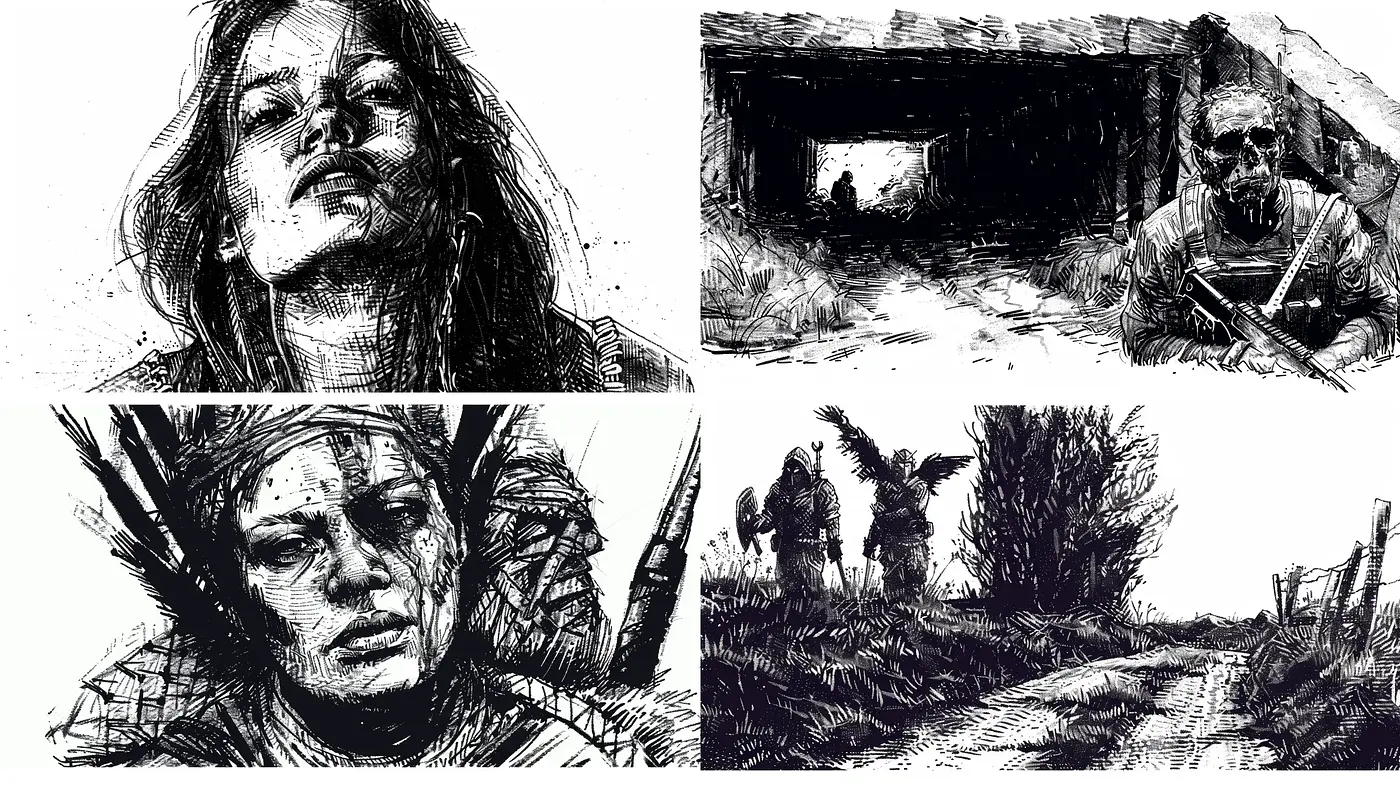 Gritty Noir Etchings: A Blend of Intense Emotions and Deep Contrasts - Midjourney sref style