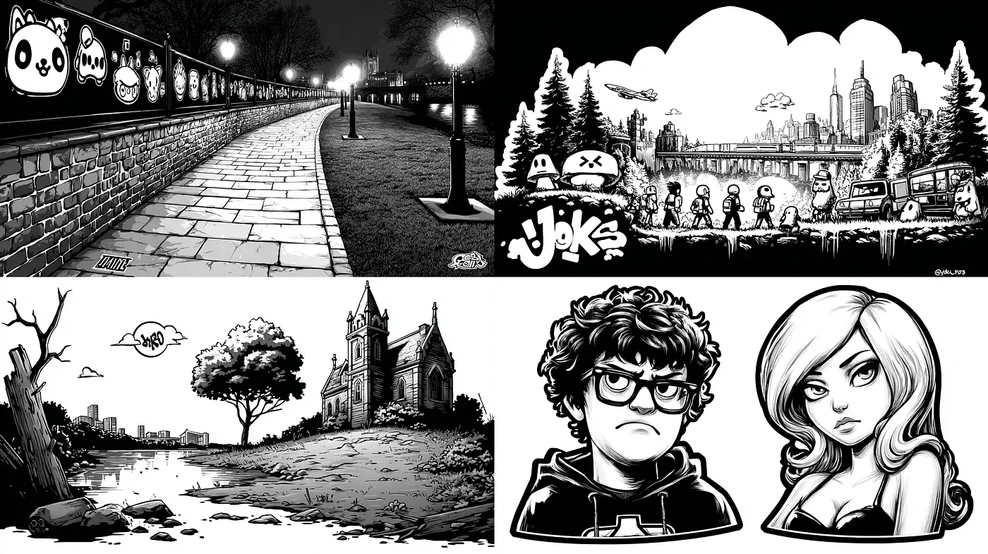 Dynamic monochrome illustrations with playful elements - Midjourney sref style