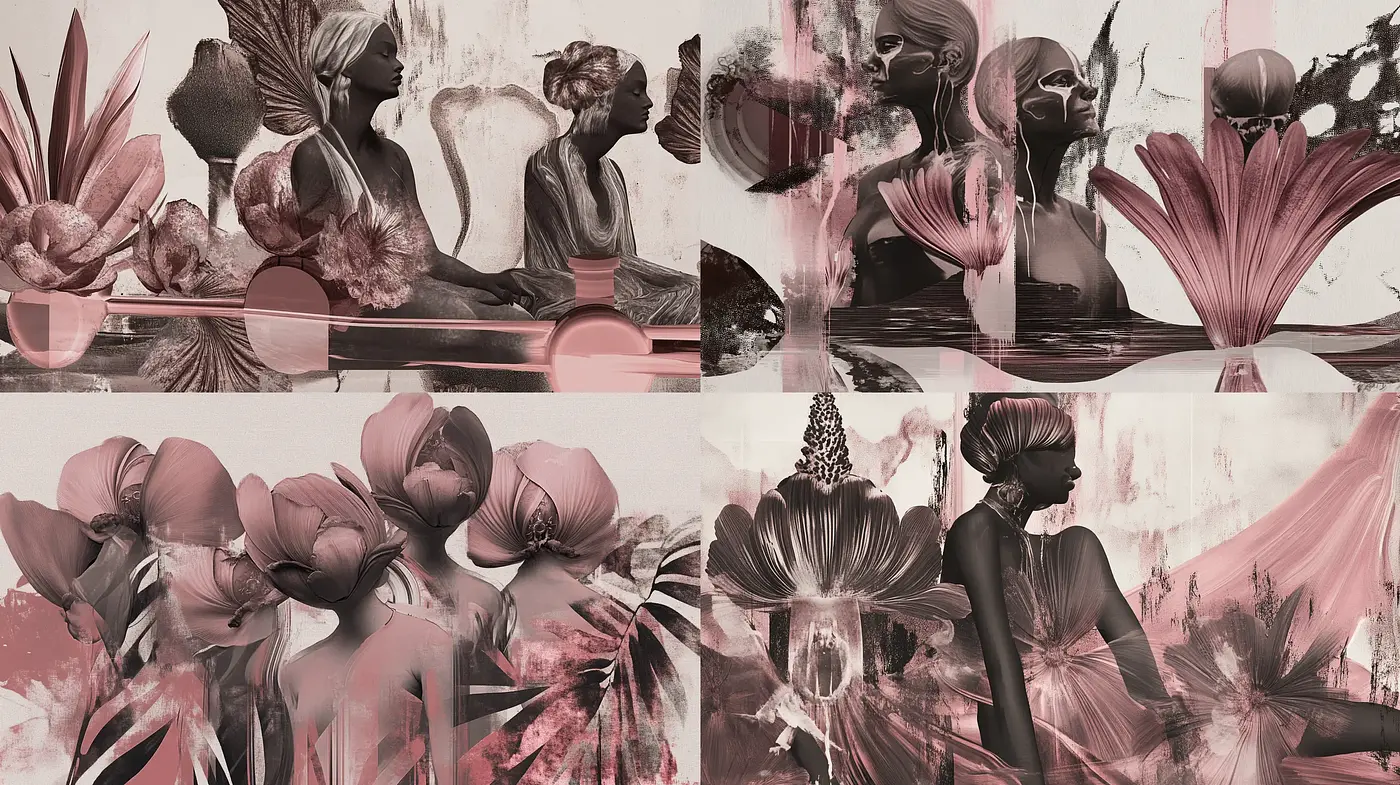 Ethereal Floral Fusion with Sepia Overtones and Surreal Textures - Midjourney sref style