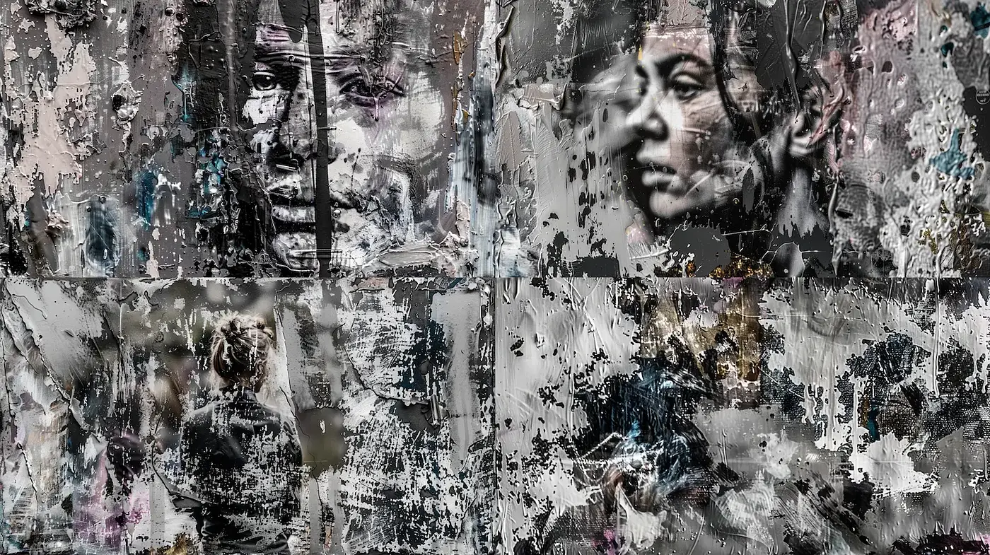 Complex and Layered Textural Exploration with Abstract Human Forms - Midjourney sref style