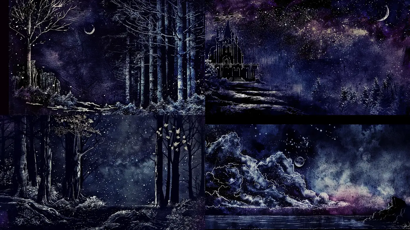 Enigmatic Nocturnal Dreamscape in Hues of Deep Blue and Purple - Midjourney sref style