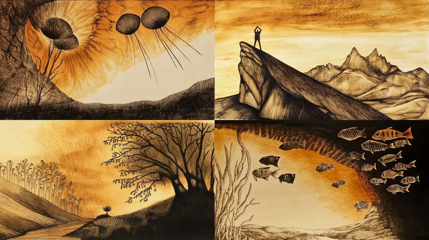 Sepia-Toned Dreamscape in Surrealist Visions - Midjourney sref style