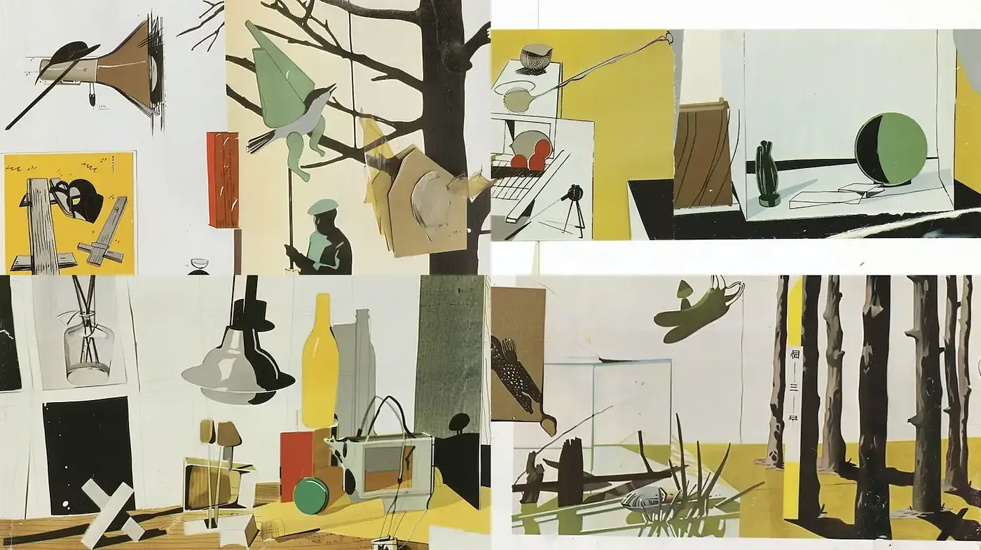 Contemporary Collage with Distinctive Retrospective Elements and Consistent Color Harmony - Midjourney sref style