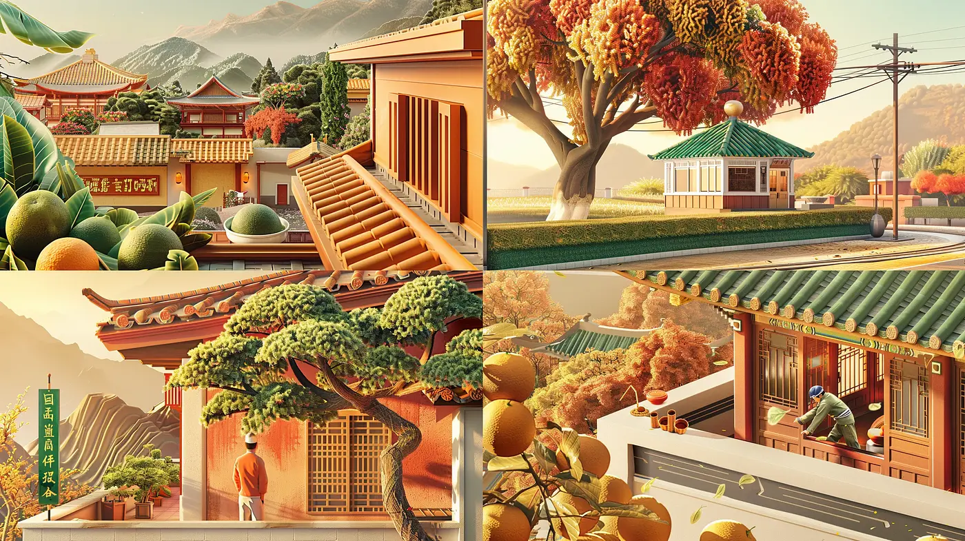 Serene Harmonic Fusion of Traditional Eastern Architecture and Pastoral Landscapes - Midjourney sref style