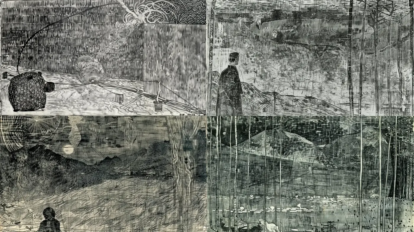 Monochromatic Etching-Style Dreamscape - Midjourney sref style