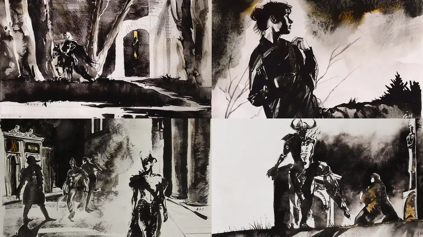 Dynamic and Dramatic Ink Illustrations with a Cinematic Flair - Midjourney sref style