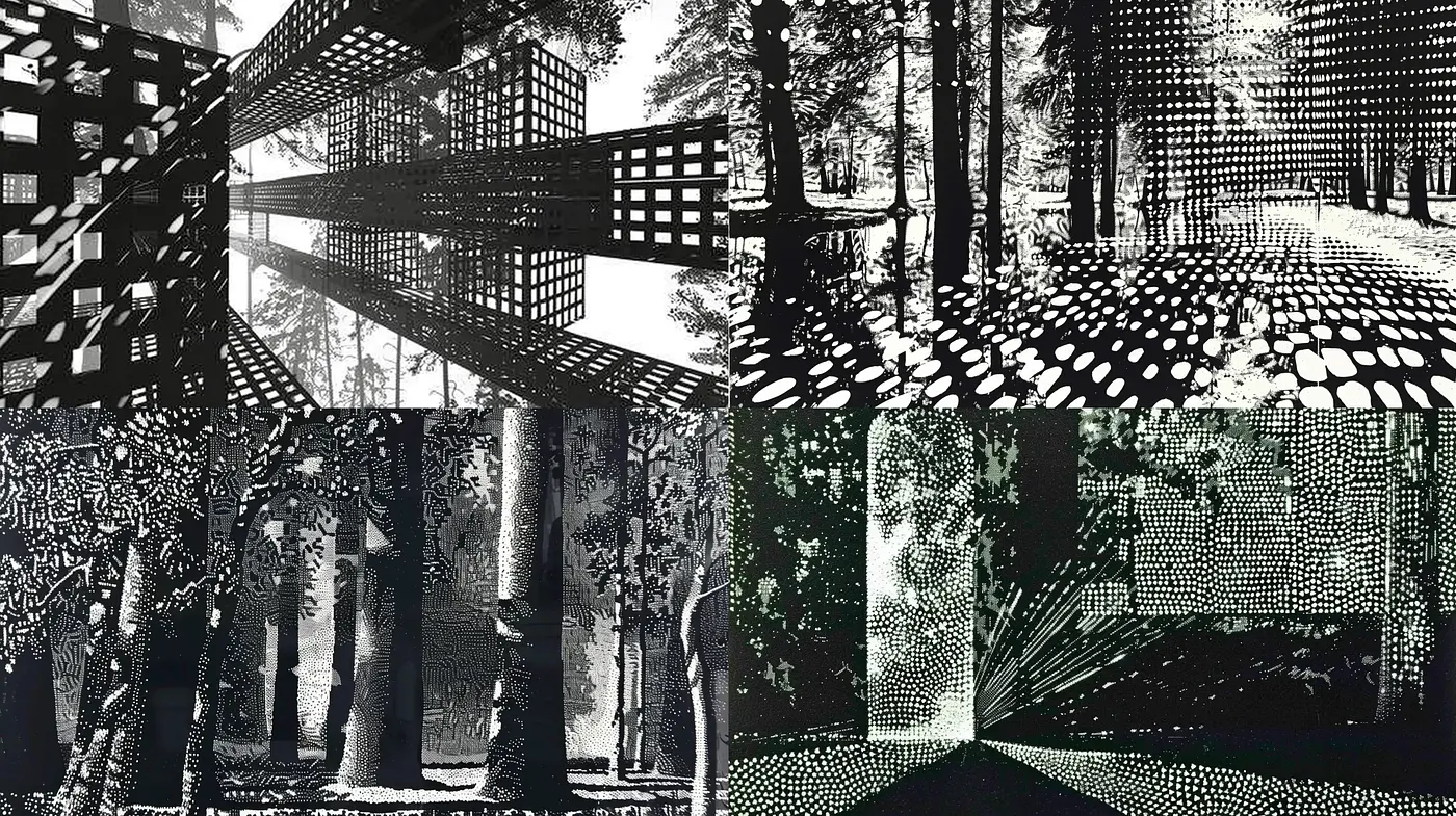Monochromatic Textured Dreamscapes with a Surrealist Influence - Midjourney sref style