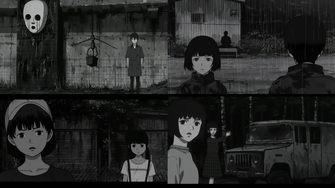 Monochromatic Anime Enigma: A Homage to Dark Graphic Storytelling - Midjourney sref style