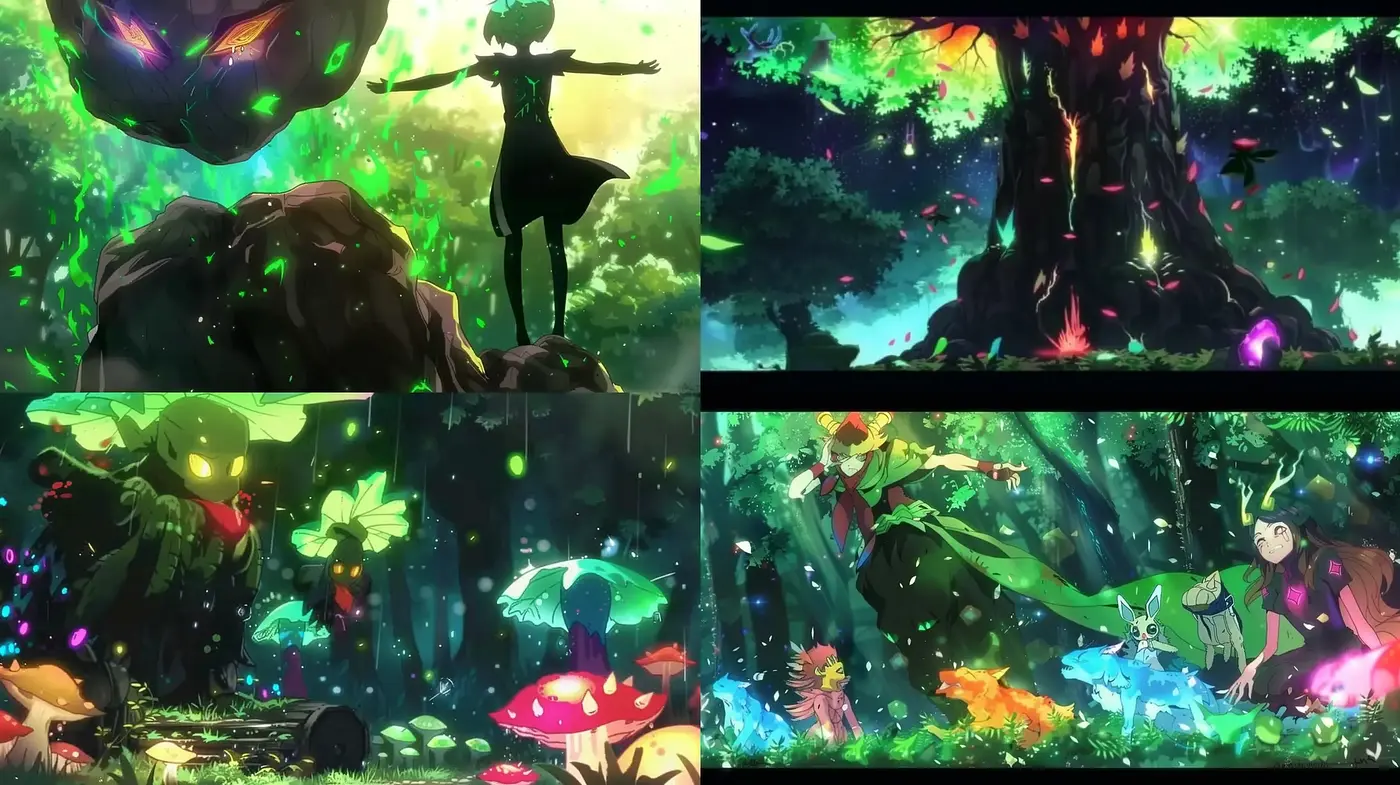 Enchanted Forest Dreamscape: A Serene Journey into a Vibrant Anime-Inspired World - Midjourney sref style