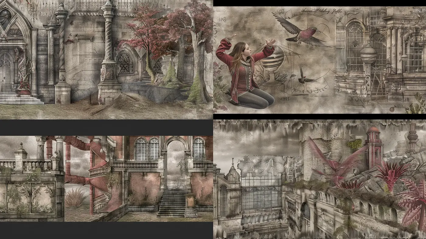 Ethereal Sepia-Toned Architectural Dreamscape - Midjourney sref style