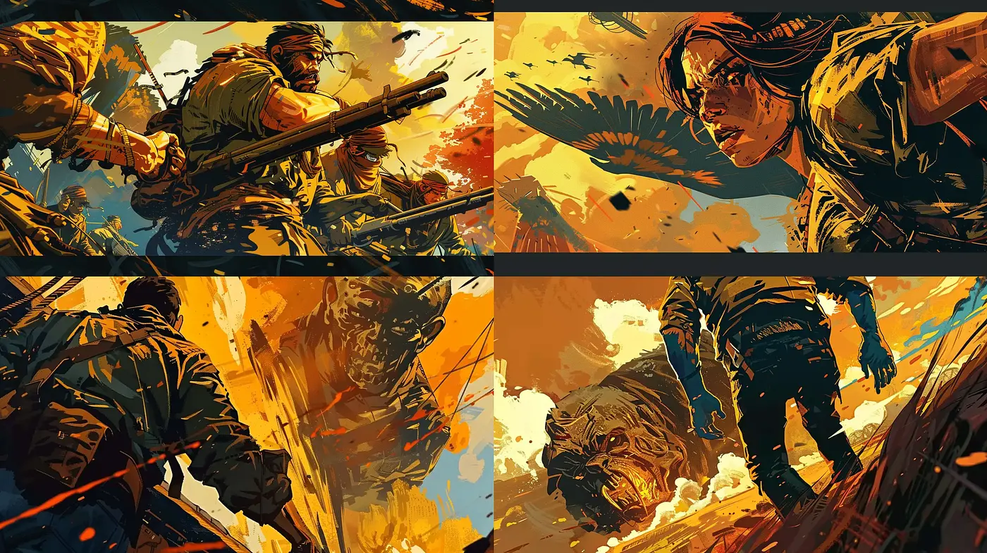 Sunset Hues of Dynamic Brushes: A Homage to Action-Packed Graphic Illustrations - Midjourney sref style