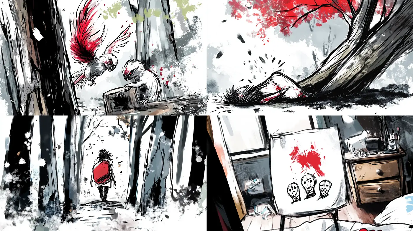 Expressive Ink Splatter with Crimson Accents - Midjourney sref style