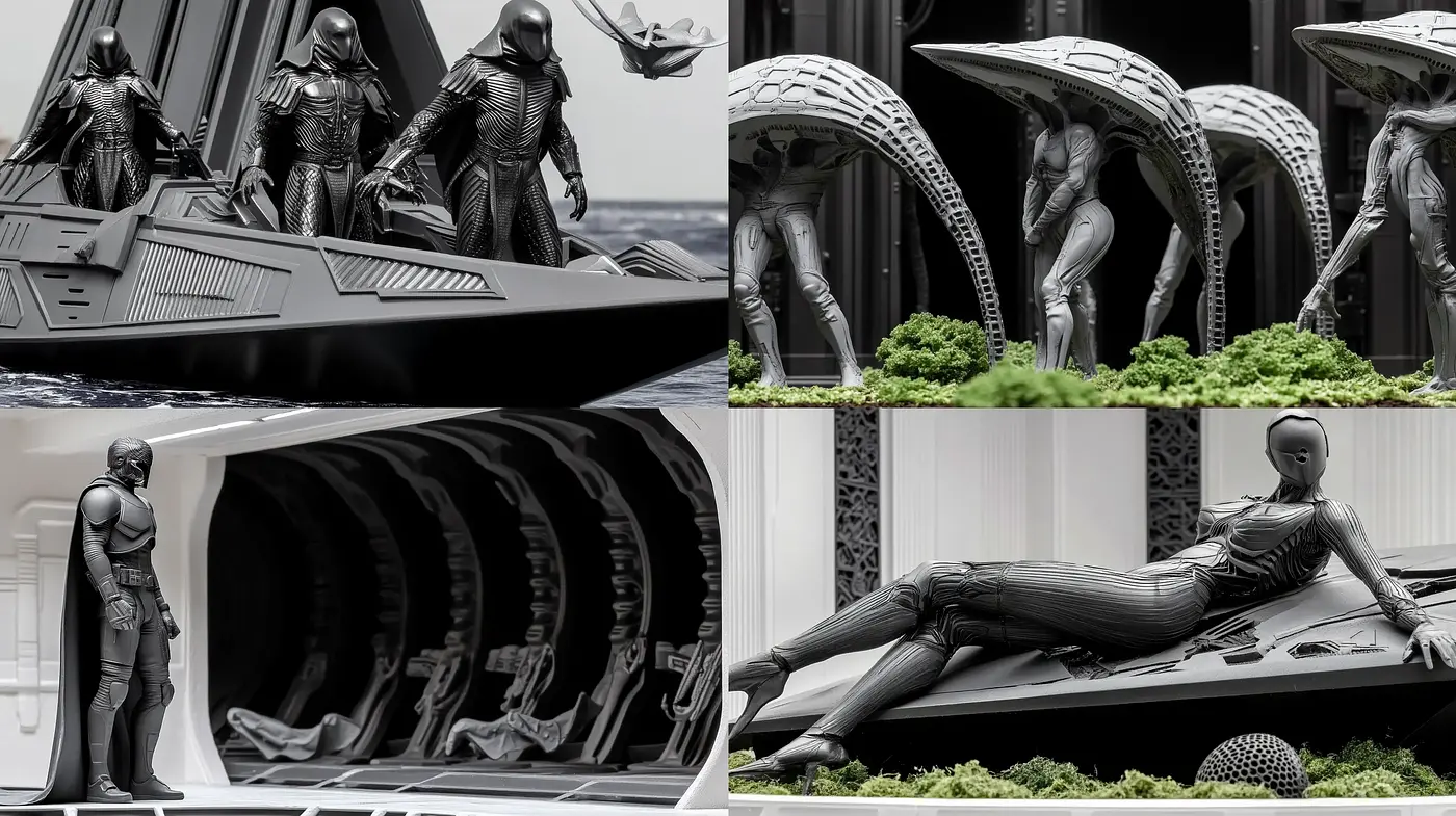 Monochromatic Futurism: The Synchrony of Grayscale and Synthetic Forms - Midjourney sref style