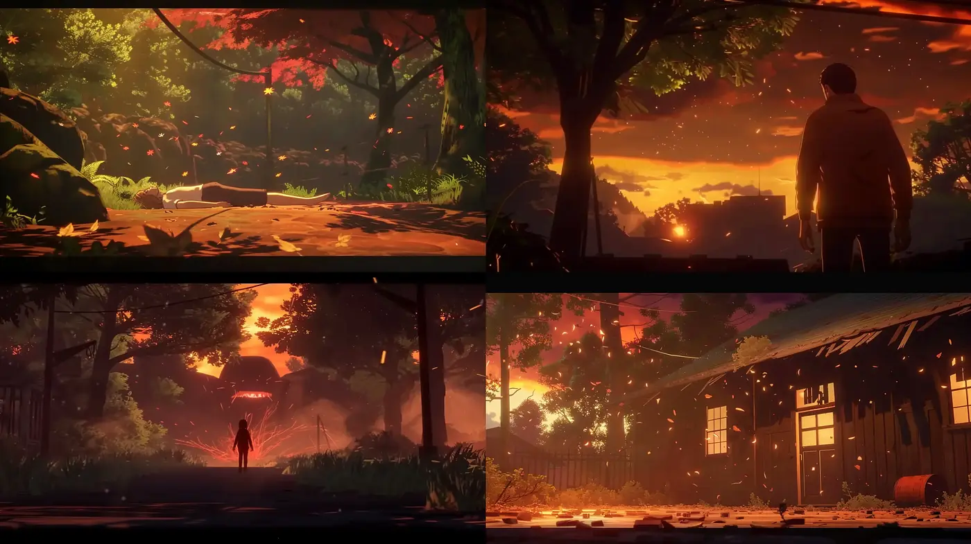 Sunset Luminance in Idyllic Settings: A Study of Light and Silhouette - Midjourney sref style