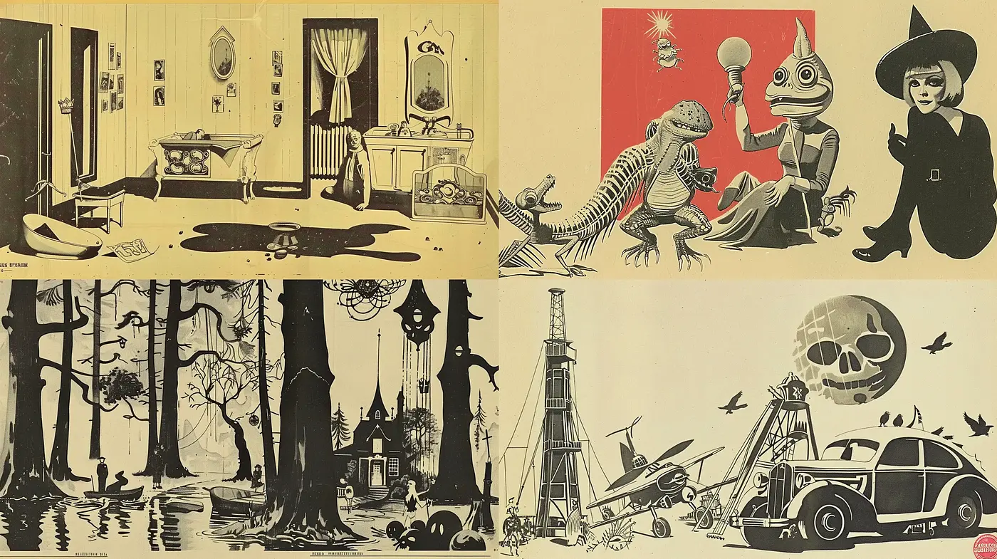 Retro Illustrative Panache in Sepia and Red Hues - Midjourney sref style
