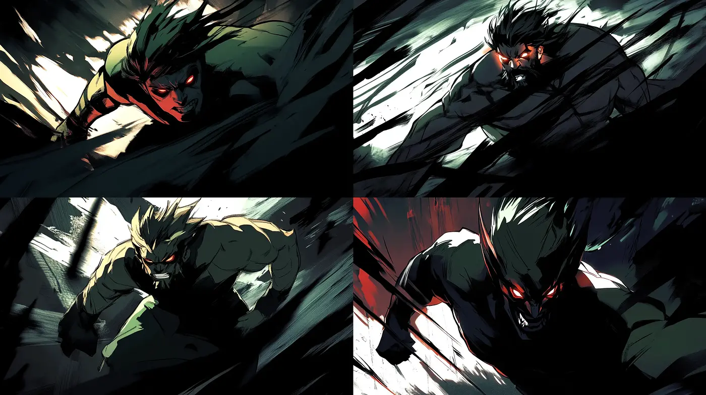 Dynamic Brushwork in Vigorous Superhero Vignettes - Midjourney sref style