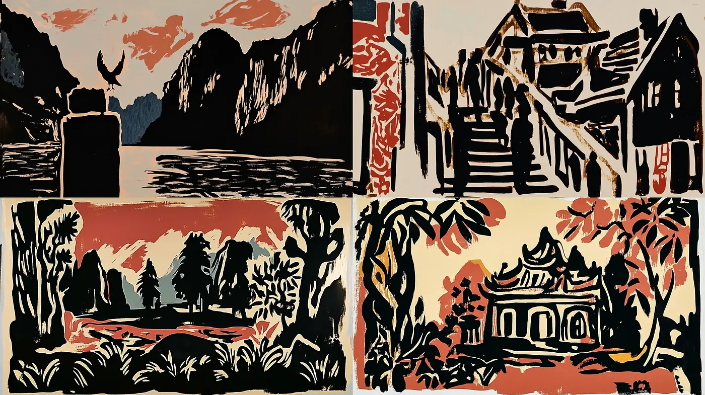 Rustic Woodcut Legacy: A Homage to Traditional Printmaking Aesthetics - Midjourney sref style