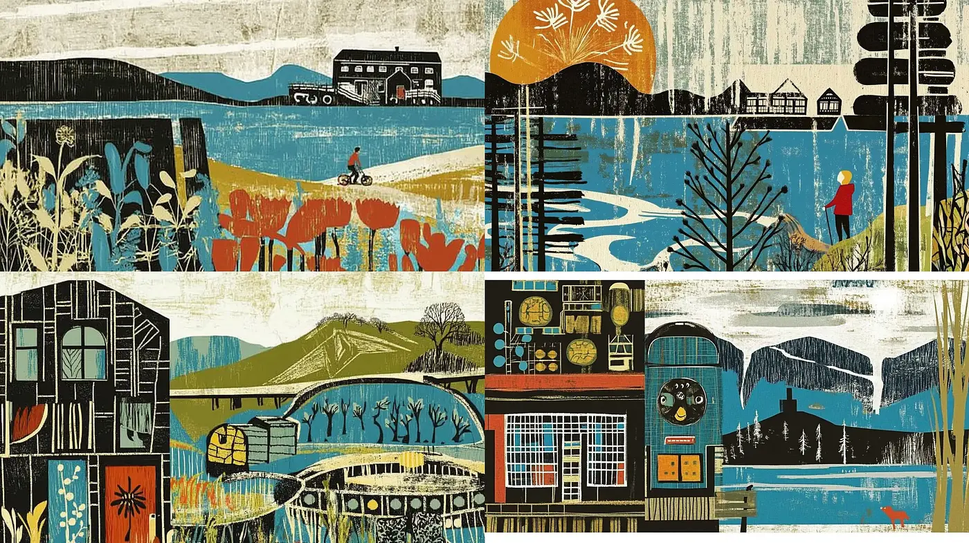 Stylized Pastoral Scenes with a Mid-Century Modern Illustrative Essence - Midjourney sref style