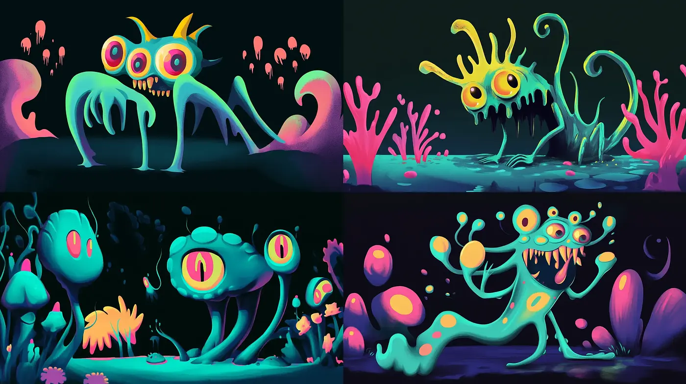 Neon-Noir Alien Landscape with Surreal Wildlife - Midjourney sref style