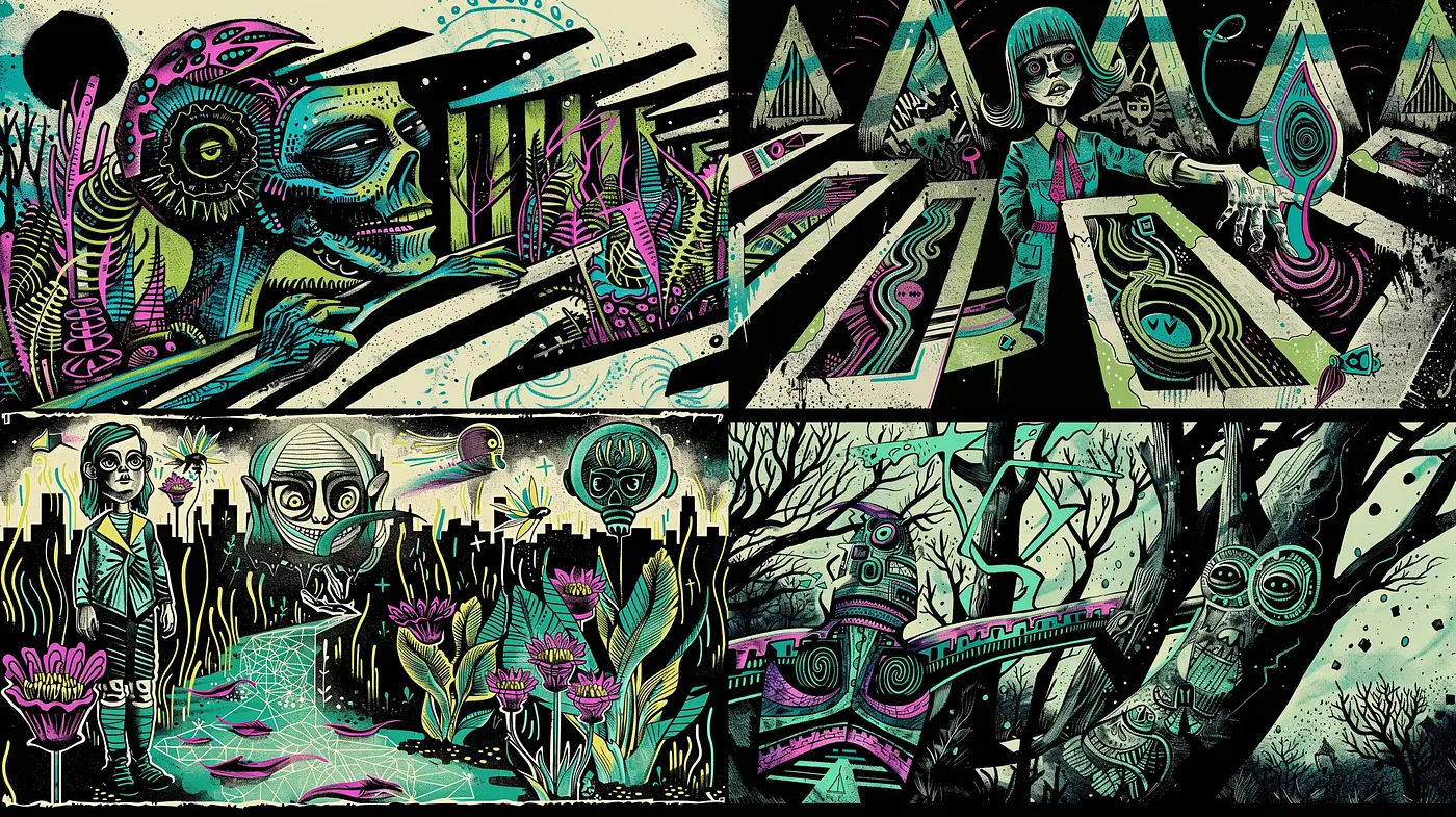 Ethereal Nightscapes in Luminous Enchantments: A Study of Phosphorescent Hues and Surreal Contours - Midjourney sref style