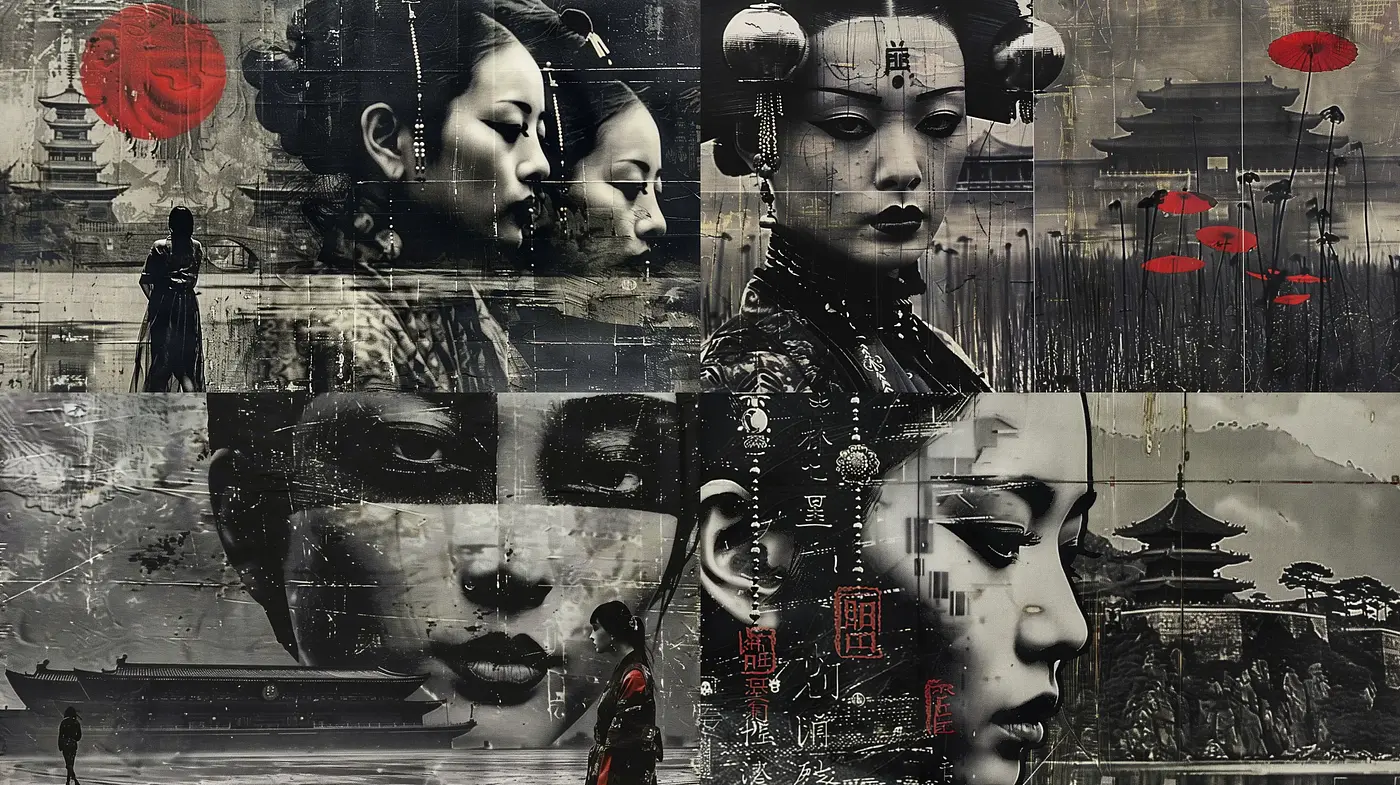 Monochromatic Asian Fusion with Expressive Red Accents and Digital Artistry - Midjourney sref style