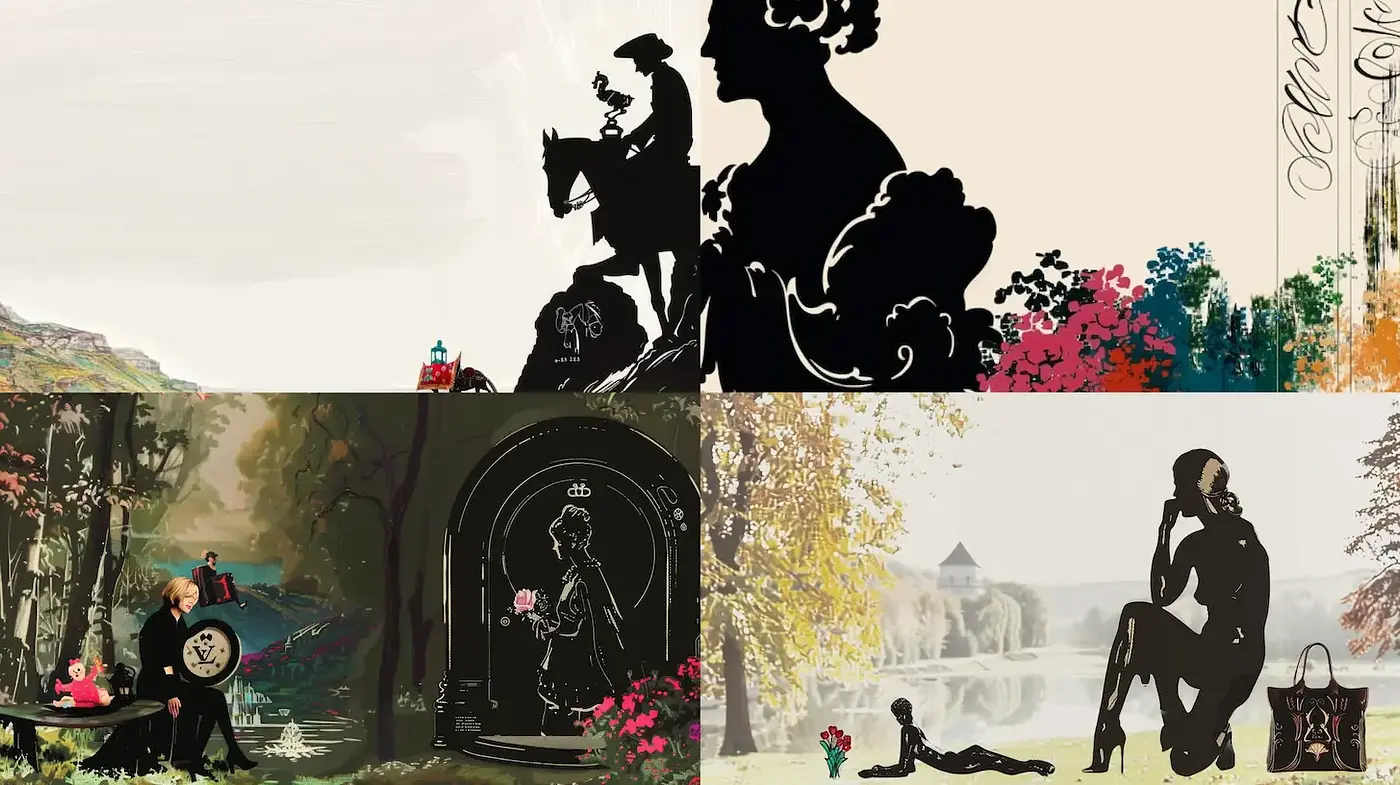 Elegant Silhouettes with Vintage Charm and Floral Motifs Across Varied Landscapes - Midjourney sref style