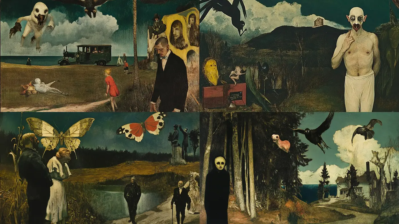 Eerie Surrealist Dreamscape with Gothic Overtones - Midjourney sref style