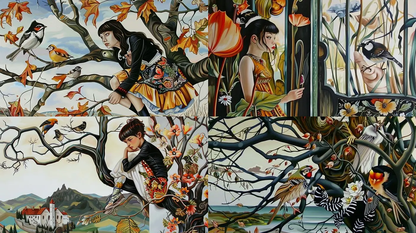 Ethereal Tableau of Seasonal Transition: A Harmonic Meld of Natural Elements and Human Contemplation - Midjourney sref style