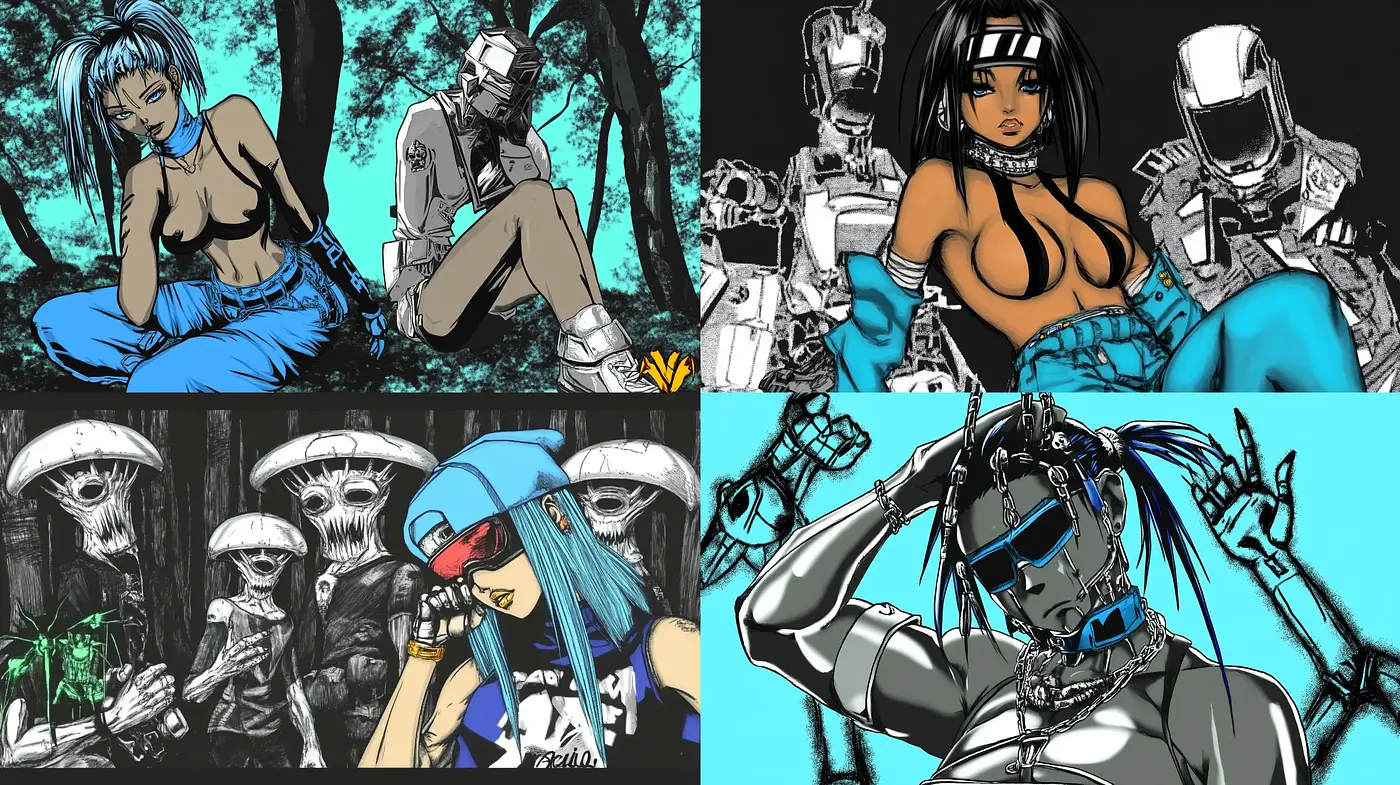Cybernetic Elegance Embraced by Noir Contrasts and Vivid Accents - Midjourney sref style
