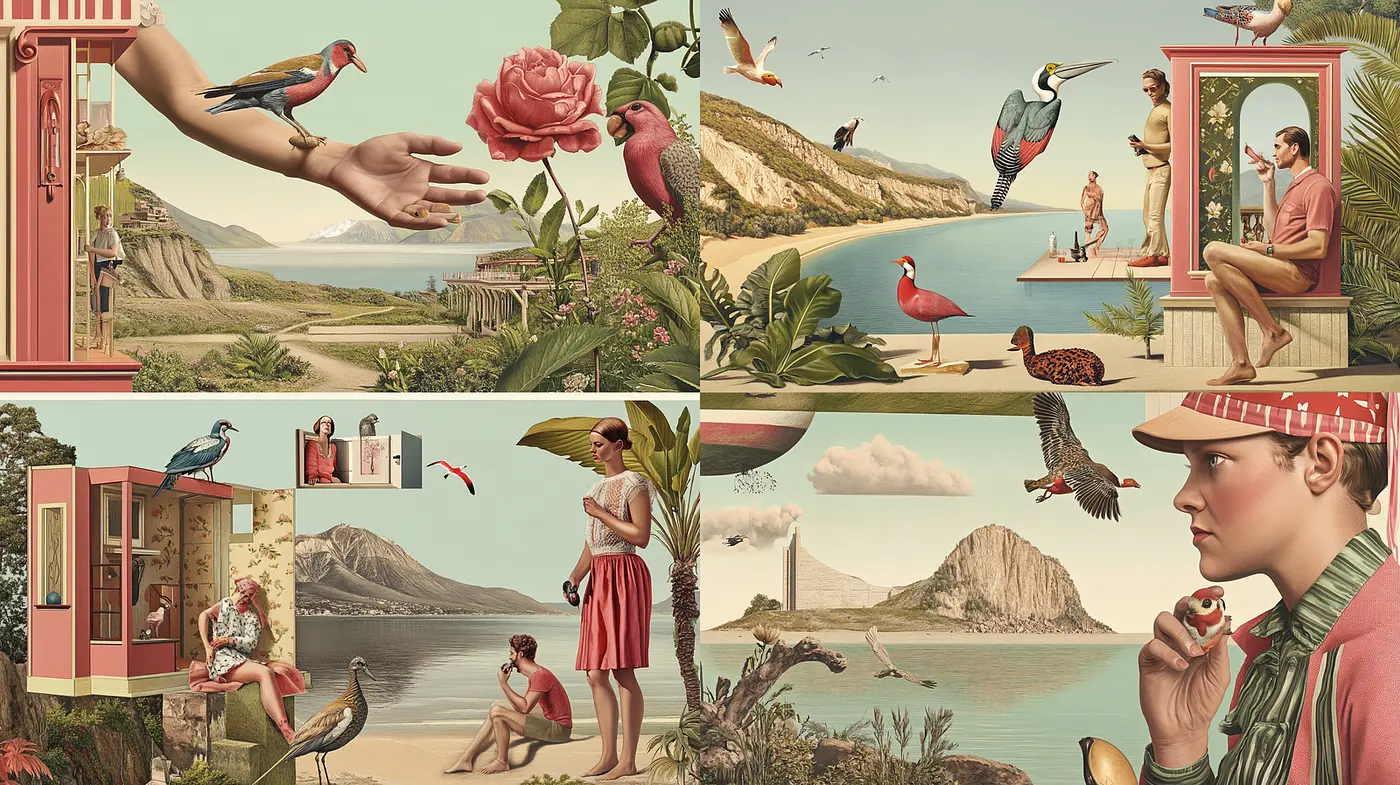 A Harmonious Blend of Surrealism and Vintage Aesthetics in a Nature-Infused Visual Narrative - Midjourney sref style