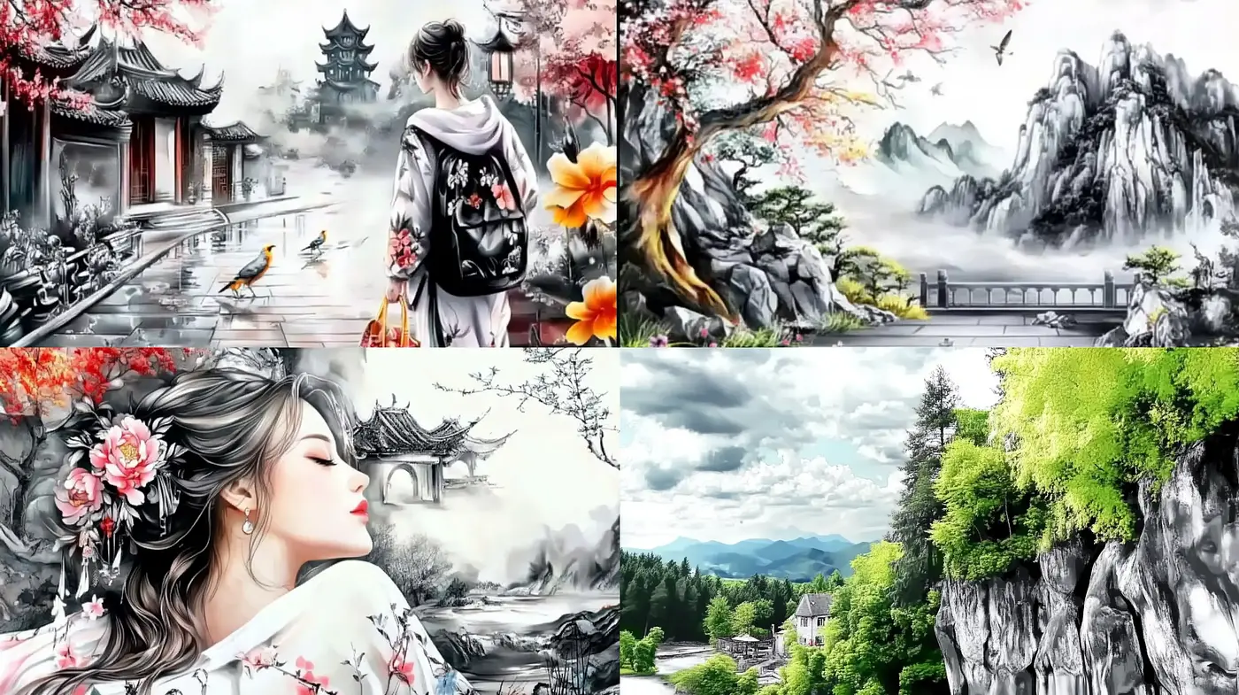 Ethereal Ink Wash Harmony: A Fusion of Traditional East Asian Aesthetics and Modern Digitized Artistry - Midjourney sref style