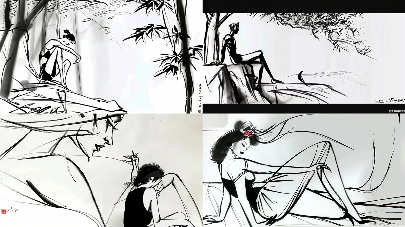 Monochrome Elegance: A Fusion of Ink Wash Dynamics and Contemplative Aesthetics - Midjourney sref style