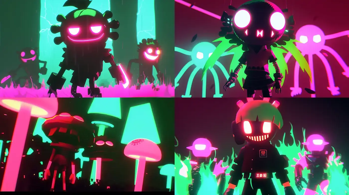 Vibrant and Neon Fantasy Scene with Playful Characters - Midjourney sref style