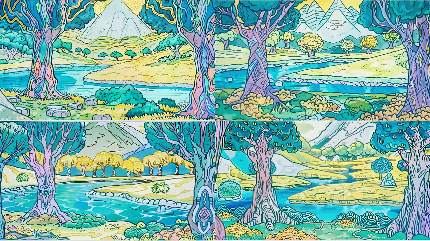 Vibrant Storybook Countryside: A Harmonious Blend of Vivid Hues and Stylized Nature - Midjourney sref style