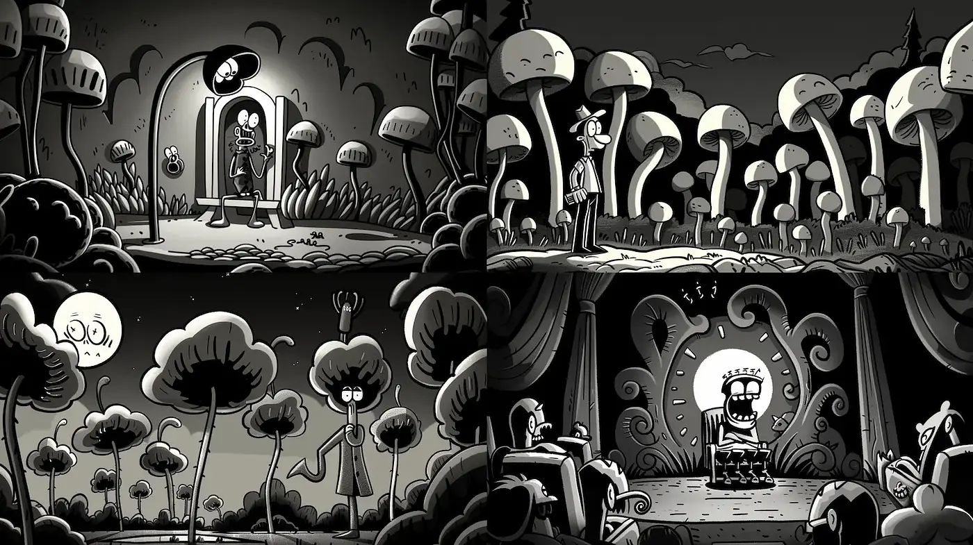 Whimsical monochrome landscapes with surreal elements - Midjourney sref style