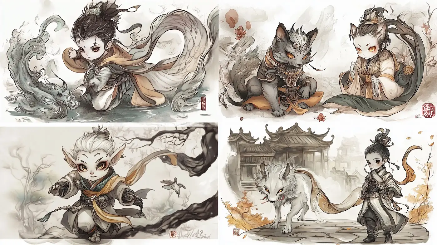Ethereal Ink Wash Fusion with a Mythical Twist - Midjourney sref style