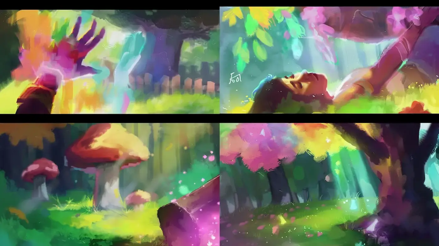 Vibrant, dreamy landscapes with playful fantastical elements - Midjourney sref style