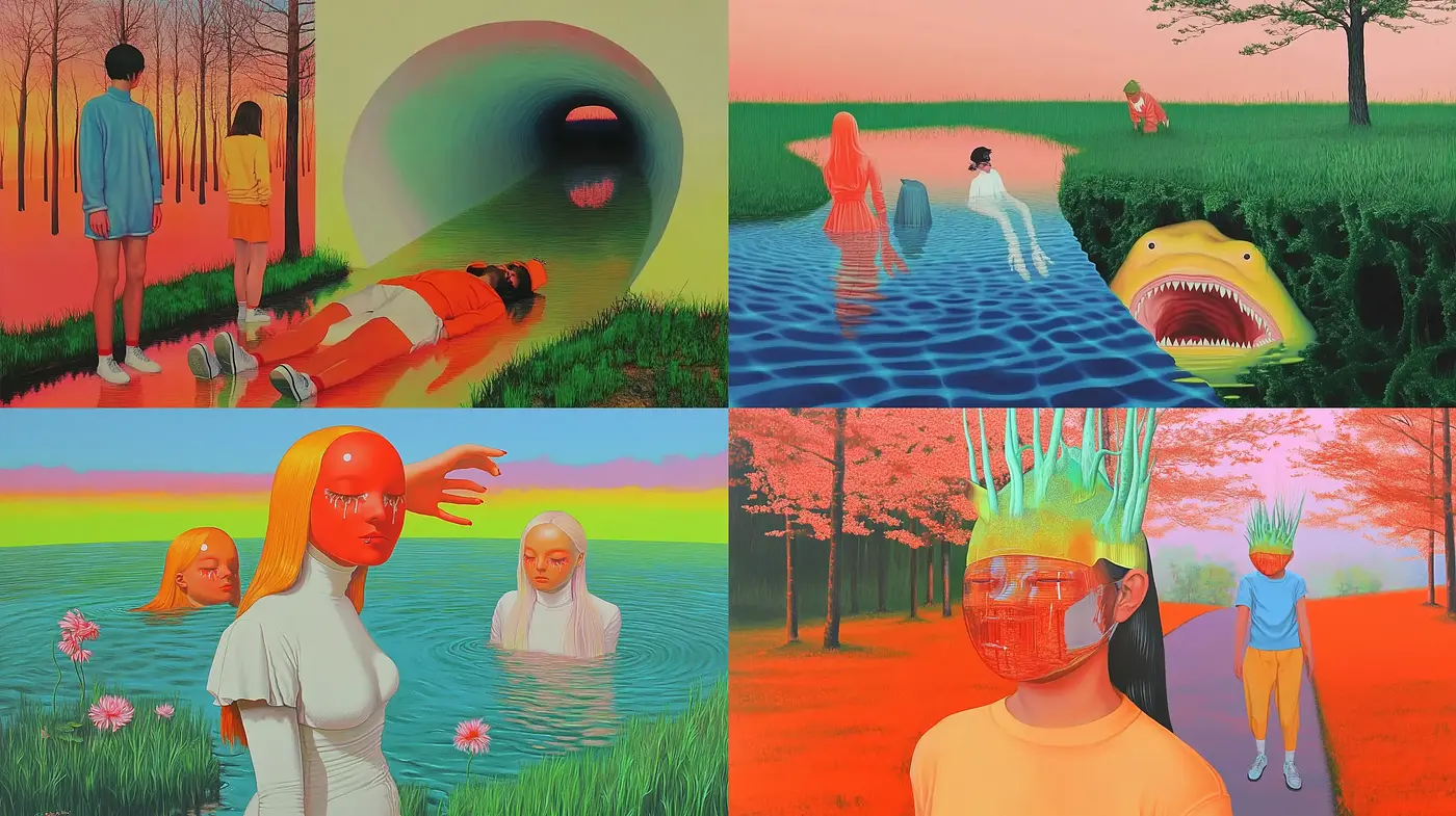 Surreal Dreamscapes with Vivid Hues and Retro-Futuristic Overtones - Midjourney sref style