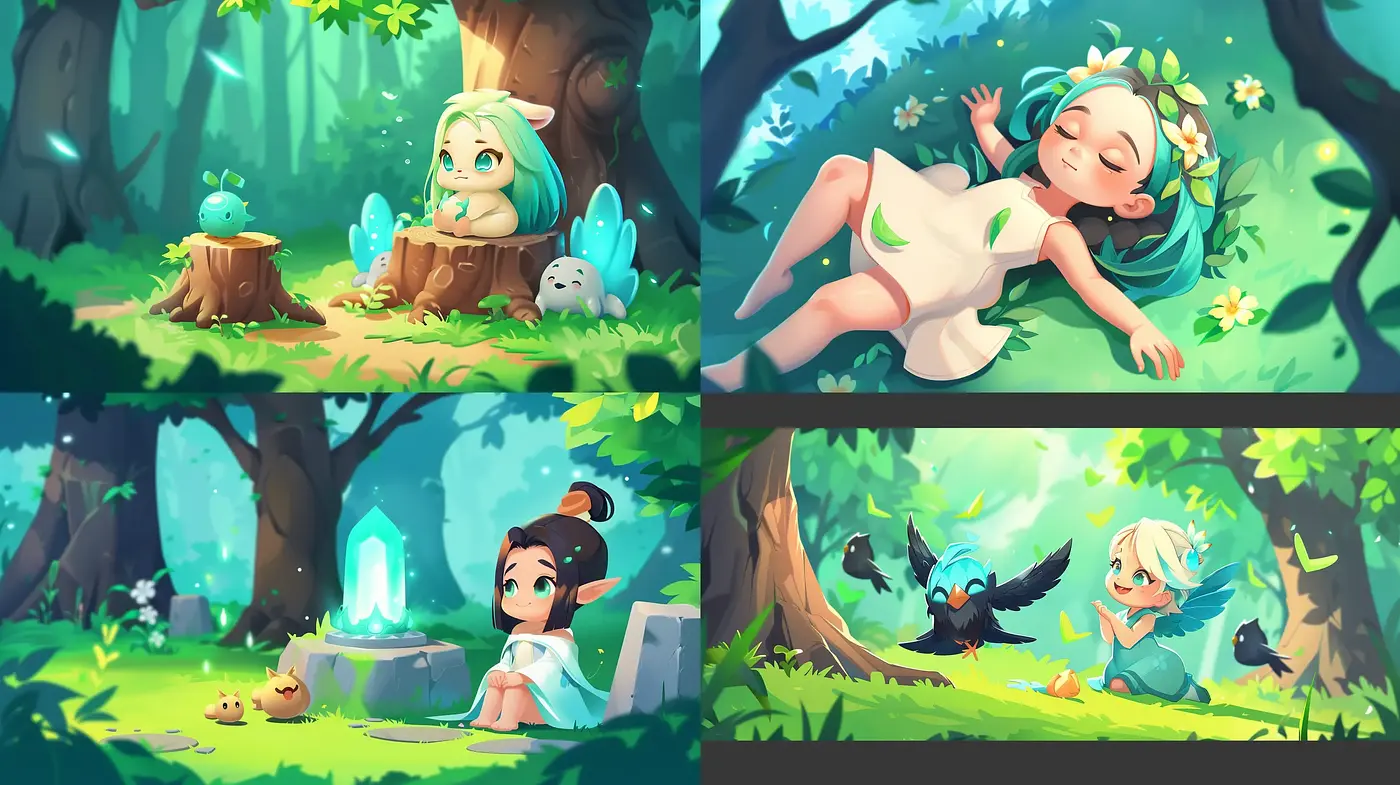 Enchanted Forest Whimsy: A Lighthearted Anime-Inspired Series - Midjourney sref style