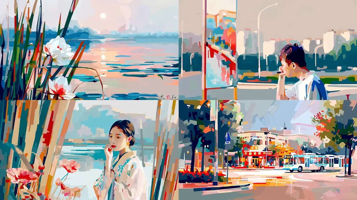 Contemporary Vivid Impressionism with Urban and Natural Elements - Midjourney sref style