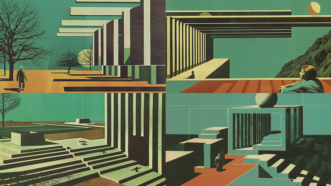 Retrofuturistic Serenity: Stylized Architectural Scenes with a Surreal Twist - Midjourney sref style