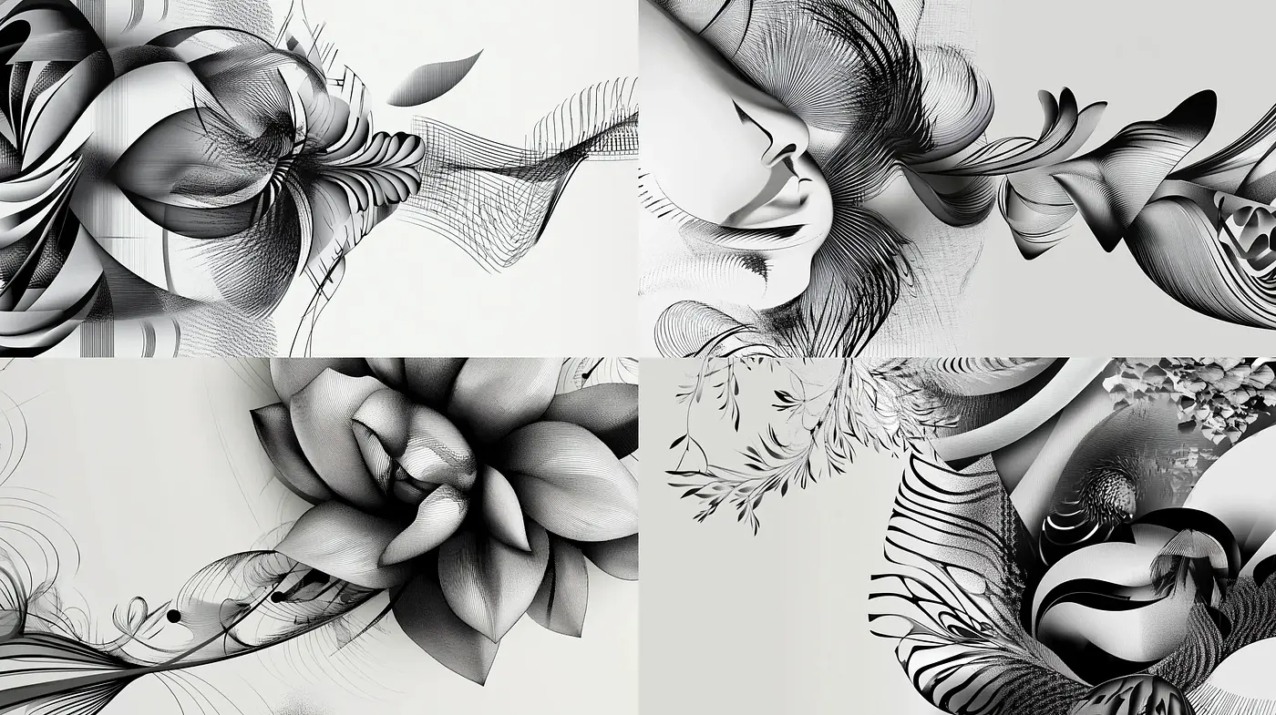 Monochrome Fluidity: A Dance of Abstract Linework - Midjourney sref style
