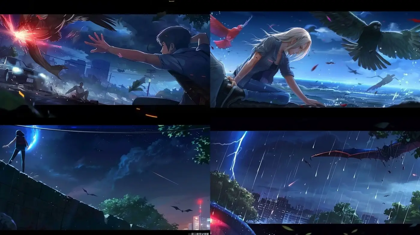 Dramatic Nocturnal Anime-Inspired Vistas with Vibrant Accentuations - Midjourney sref style