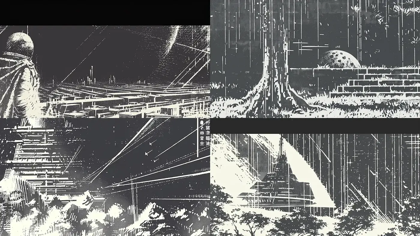 Futuristic monochrome landscapes with intricate line work and textural details - Midjourney sref style